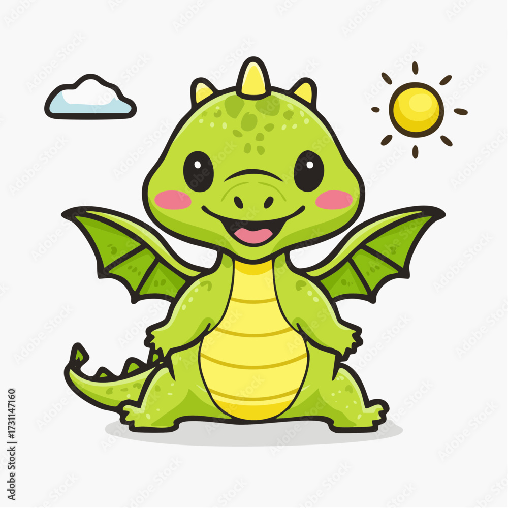 Obraz premium Cute green dragon smiles under the sun, adorable fantasy creature character
