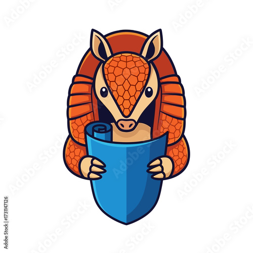 A cute cartoon armadillo holding a blue shield or scroll in front of its body.