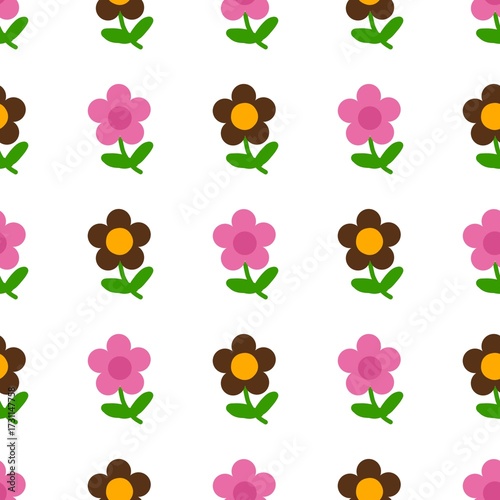 Seamless floral pattern with pink and brown flowers on white background. Hand drawn doodle floral pattern background with doodle style. floral seamless pattern background with kawaii design.