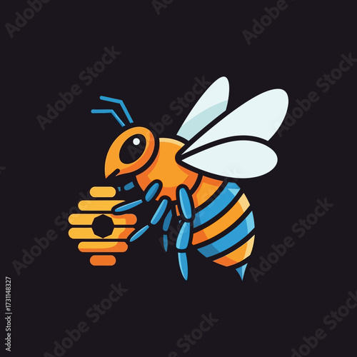 Stylized cartoon bee with orange and blue stripes holding a small beehive on a dark background, depicted in a clean vector art style.