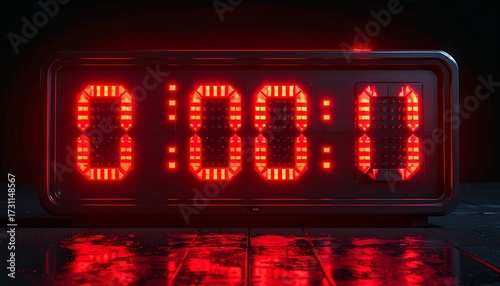 Countdown Clock Display: A digital clock displays the critical moment, showing '0:00:0' in a striking red hue against a dark backdrop, signifying the end of a specific duration.