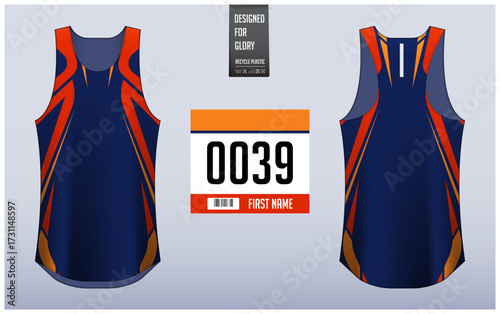 Running shirt design template, Tank top jersey mockup for athlete. Running singlet pattern. Uniform front view back view.