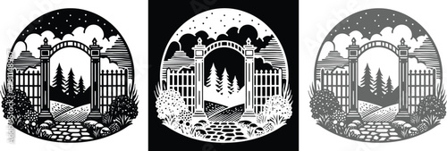 Enchanting garden gate silhouette with trees and stone path, perfect for invitations or serene designs, a delightful touch of nature's elegance