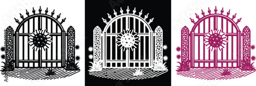 Lockdown vector art featuring stylized virus on a gated entrance in black, white, and purple, evoking themes of restriction, protection, and pandemic awareness