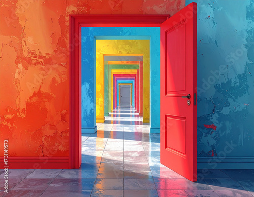  vibrant red open door leading to a long hallway of receding, brightly colored doorways in an artistic setting