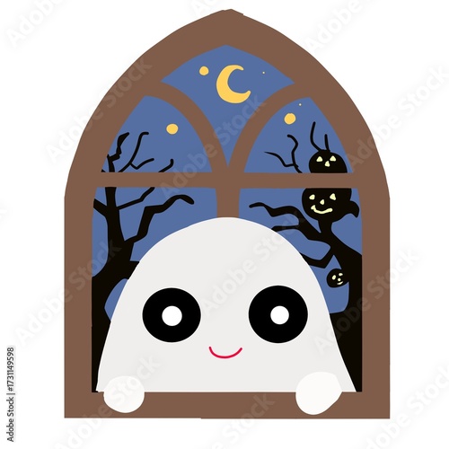 ハロウィンフレーム：ゴーストが窓から覗いている
