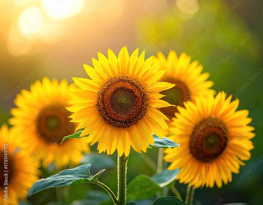 Obraz premium Bright Yellow Sunflowers in a Field at Sunset