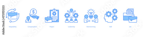 Career Growth Strategy blue banner web icon set vector illustration concept with icon of adaptability, compensation, project, leadership, brainstorming, skill, job