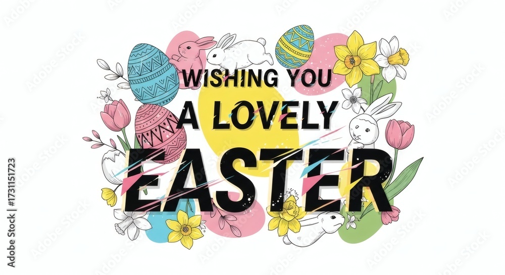 Obraz premium Happy Easter: Trendy Design with Typography, Hand-Drawn Spring Flowers Pattern, Modern Art Style, Horizontal Poster, Greeting Card, Website Banne