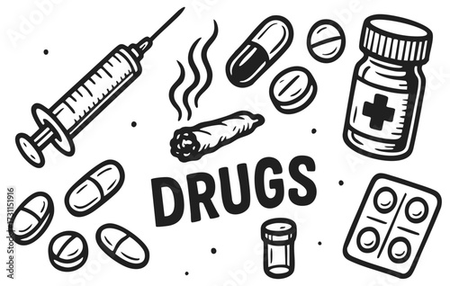 Drugs Doodle Illustration Collection Isolated on Transparent Background, Generative AI