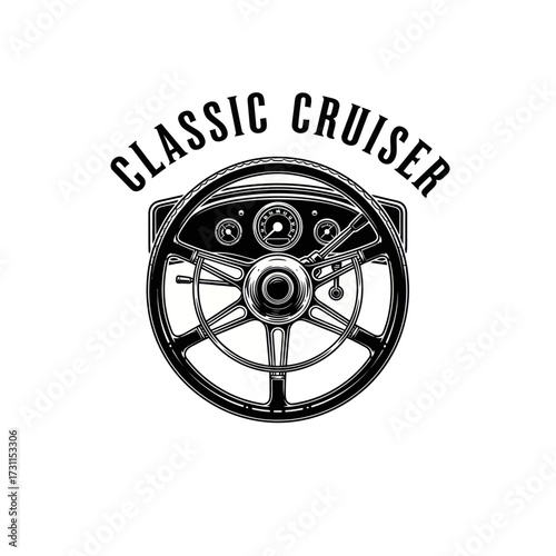 A black and white illustration of a vintage car steering wheel with the words "CLASSIC CRUISER" above it.