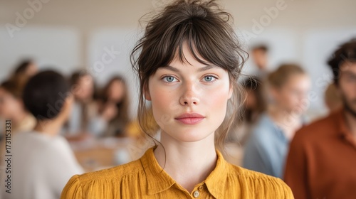 Confident Young Woman in a Collaborative Environment with Engaged Audience