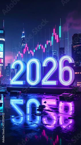 Neon 2026 financial growth in a futuristic city.