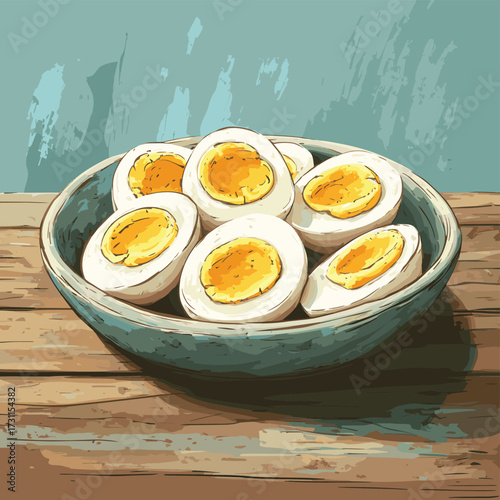 Bowl filled with halved hard boiled eggs resting on a rustic wooden table exuding comforting warmth and homey vibes. , vector style simple color