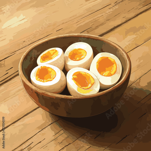 Bowl filled with halved hard boiled eggs resting on a rustic wooden table exuding comforting warmth and homey vibes. , vector style simple color