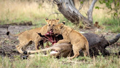 Lion cubs feasting on a kill (1)