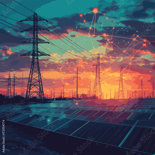 Futuristic smart energy grid infrastructure with solar panels, power lines, and digital network overlay at sunset. , vector style simple color