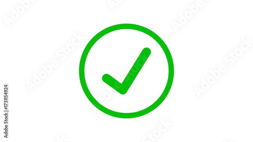 Green check mark circle animation on white background, approved tick mark icon. 
