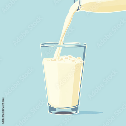 Pouring milk from a glass jar into a clear glass, showcasing a refreshing beverage experience , vector style simple color