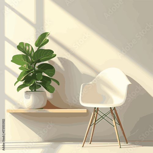 Minimalist interior featuring a sleek white chair alongside a vibrant green plant on a wooden shelf, exemplifying modern design. , vector style simple color