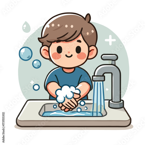 Illustration of a Boy Washing Hands with Water Bubbles