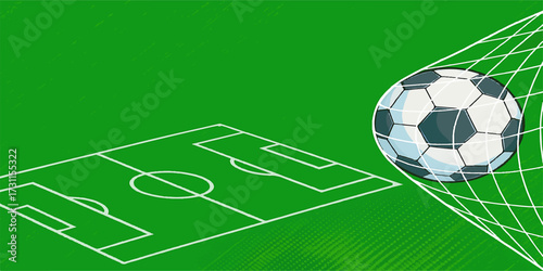 A soccer ball rests in the goal net on the green grass of a football pitch during a championship game