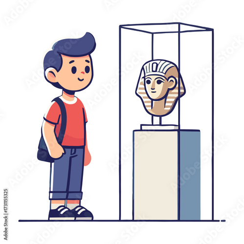 Boy Watching Ancient Sphinx Sculpture in Glass Display Case Inside Museum