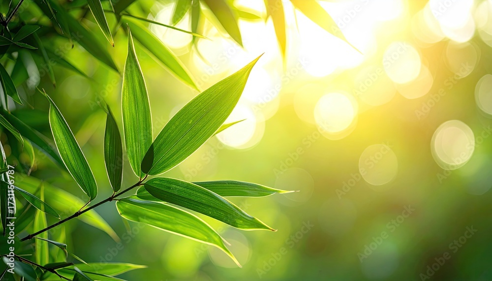 Fototapeta premium Bamboo Leaves in Sunlight with Bokeh Effect Green Leaves Against Bright Sunlit Background Close Up