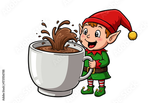 Festive Elf with Spilled Coffee A Cheerful Holiday Illustration.