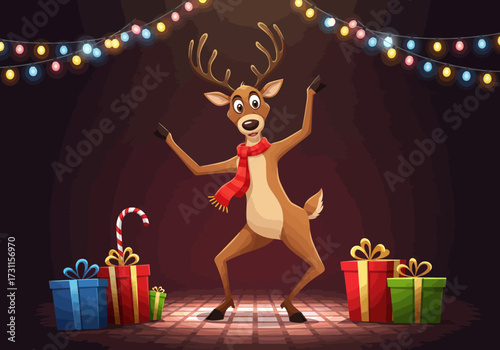 Festive Reindeer Dancing with Christmas Gifts and Lights.