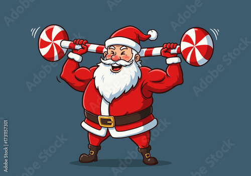 Santa Claus Lifting Candy Cane Barbell with Determination.