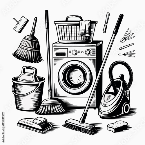Collection of cleaning supplies and appliances in a sketch style