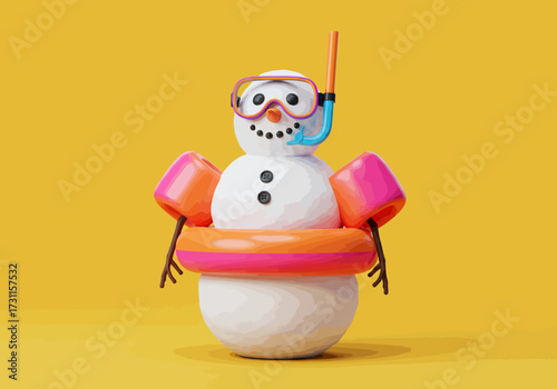Snowman Ready for Summer Vacation with Snorkel and Floaties.