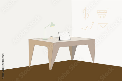 Home Office Workspace with Tablet, Lamp, and Business Icons