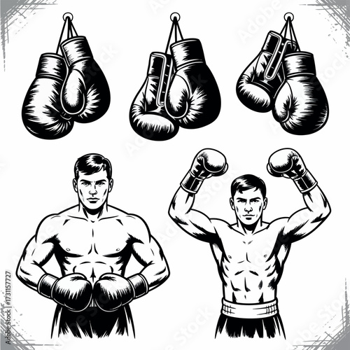 Vintage boxing gloves and fighters illustration set