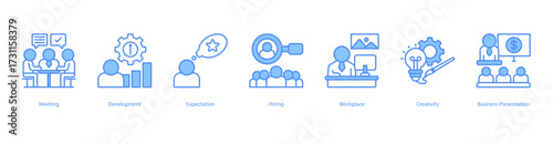 Workplace Innovation Strategy blue banner web icon set vector illustration concept with icon of meeting, development, expectation, hiring, workplace, creativity, business presentation