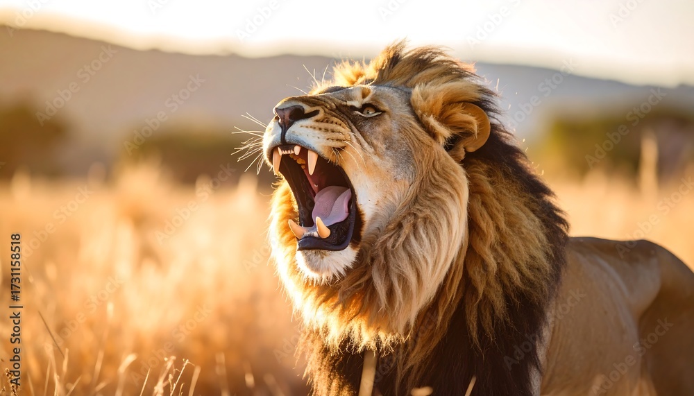 Naklejka premium Lion roaring in golden savanna
