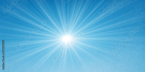 Bright sun rays illuminate the deep blue sky, a star-like summer light with an abstract vector glow