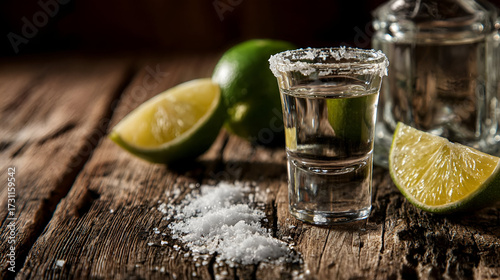 A refreshing shot of tequila served with lime and salt on a rustic wooden table.