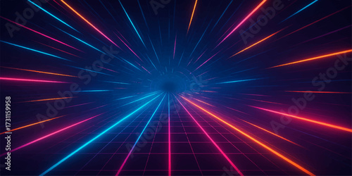 Bright, colorful abstract light bursts glow like a laser star explosion design on a black background, creating an energetic pattern with a disco shine