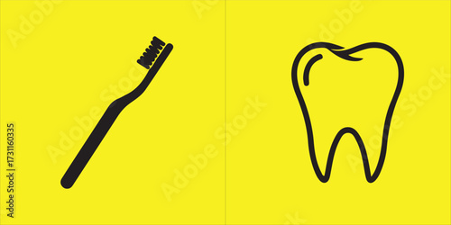 Vector art of toothbrush and tooth icon on yellow background
