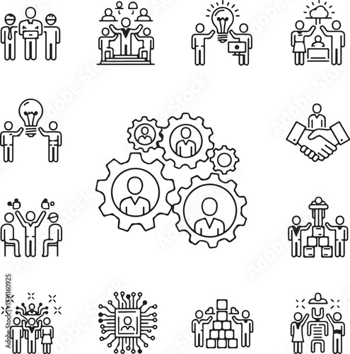 Business and team collaboration icons with gears and ideas in line art Keywords: teamwork, collaboration