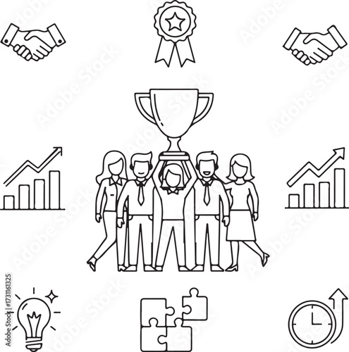Business success and teamwork icons with trophy and puzzles Keywords: business, success, teamwork, trophy
