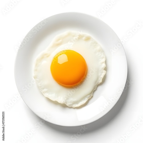 Fried egg on white plate isolated on white background, breakfast concept