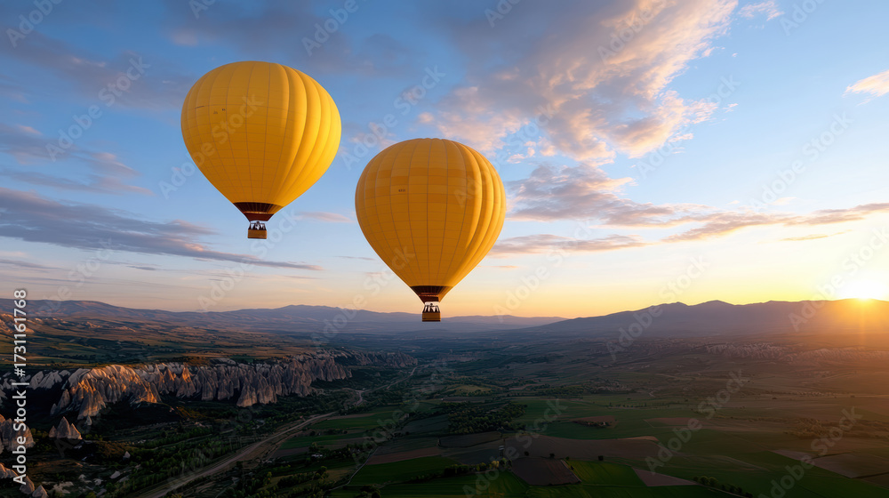 Fototapeta premium Yellow hot air balloons soaring over scenic landscape at sunset, creating serene atmosphere