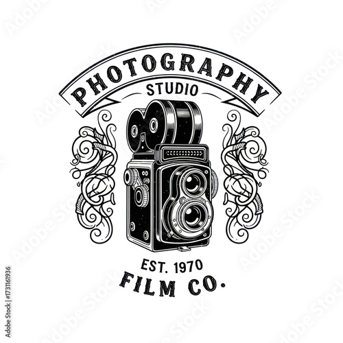 Vintage photography studio logo featuring a classic film camera, ornate scrollwork, and text.
