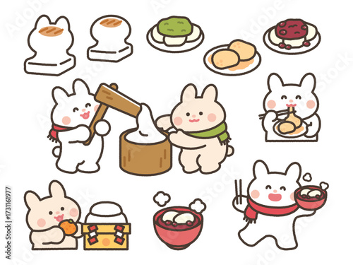 Adorable cartoon bunnies preparing and enjoying traditional Japanese mochi rice cakes.