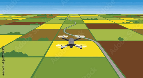 A drone flies over a cultivated agricultural field.