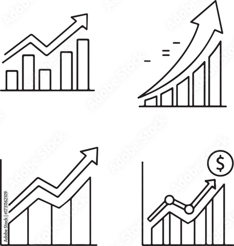 Four line art icons showing financial growth charts with upward arrows and dollar sign graph business