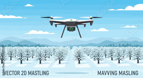 A drone flying over a winter landscape with trees.